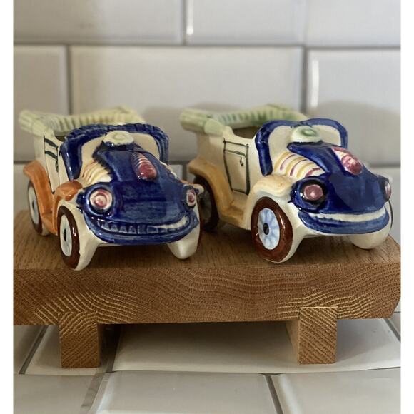 Vintage Ceramic Car Planters 5 x 3 x 3, Trinket Holders Decor Blue Yellow White - Picture 1 of 8